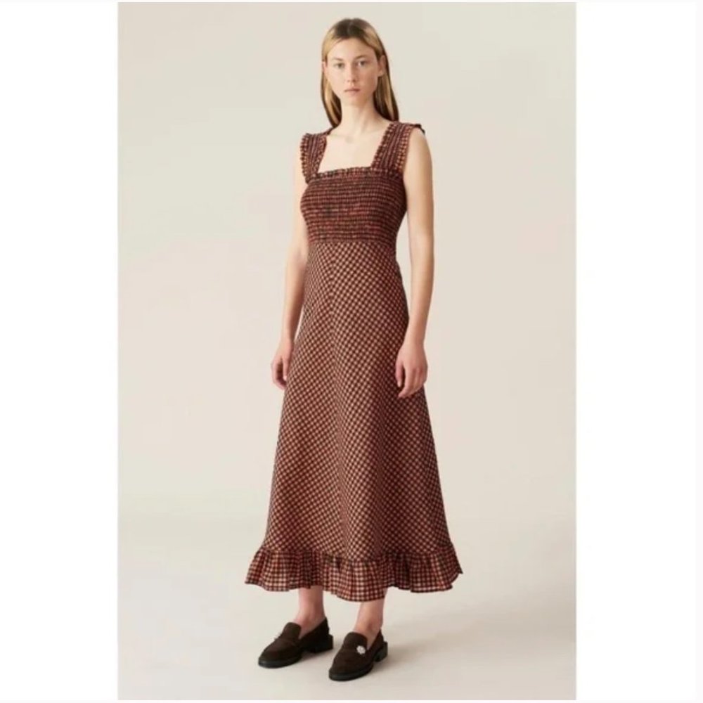 NWT Ganni Seersucker Check Dress Flame- sz 38 (6)